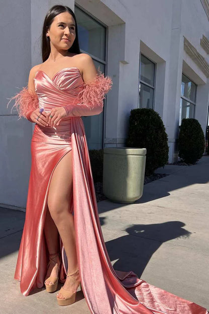 Strapless Long Sleeve Mermaid Prom Dress with Slit