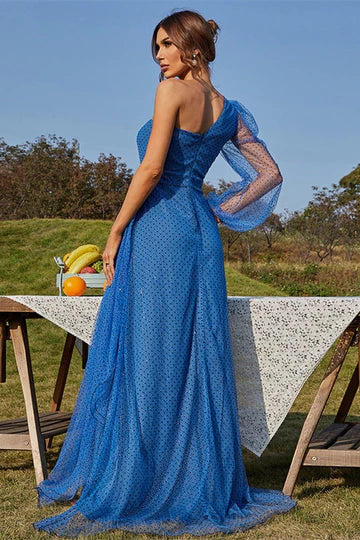 Polka Dot One-Sleeve A-Line Prom Dress with Slit
