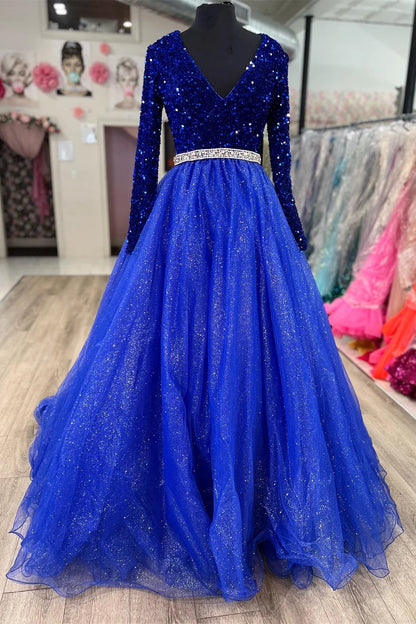 Sequin Tulle Plunge V Long Sleeve A-Line Prom Dress
