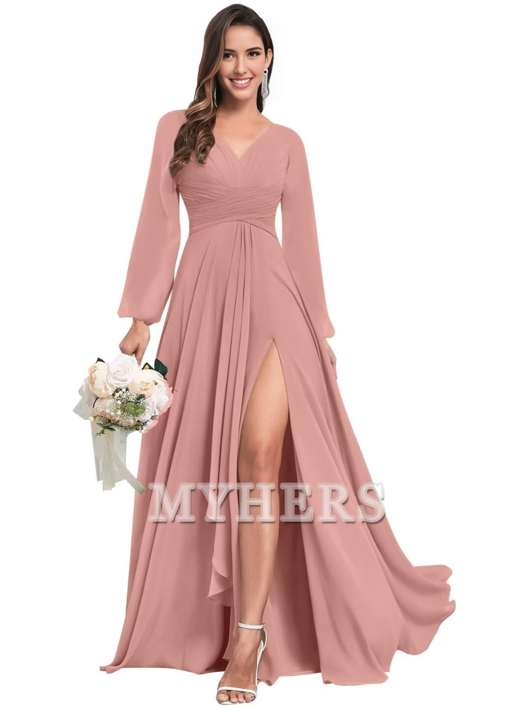 Elegant Chiffon Long Sleeves V Neck Ruffle Side Fork Long Bridesmaid Dresses Wedding Guests Dresses
