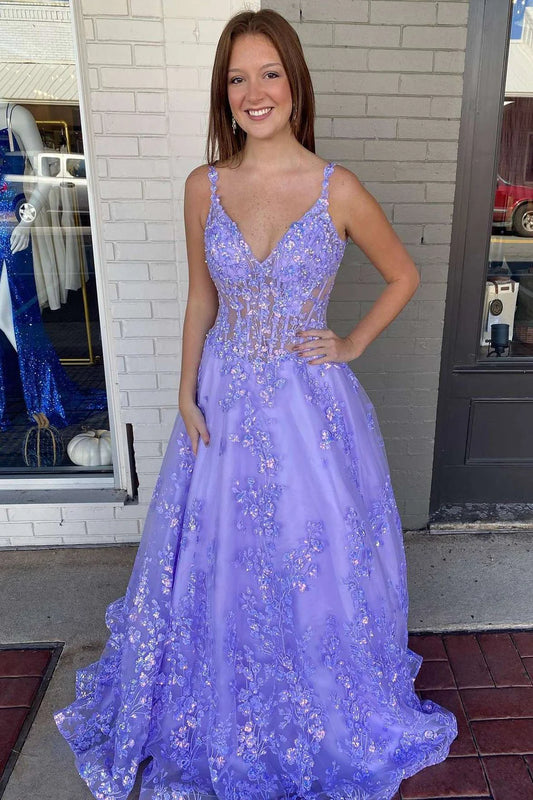 Floral Lace V-Neck A-Line Prom Gown