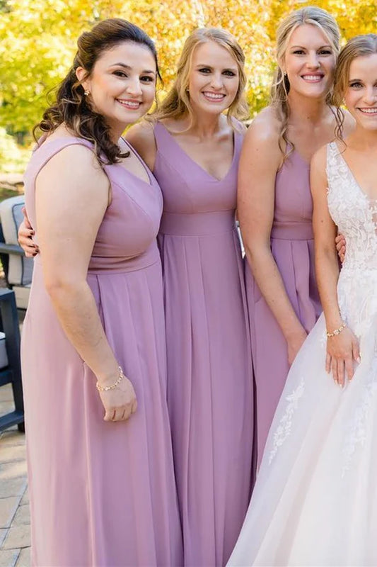 Mismatched  Chiffon V Neck Long Bridesmaid Dress