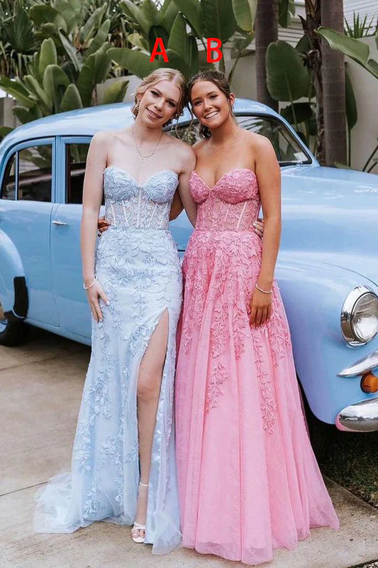 Charming Mermaid Strapless Off-the-Shoulder Blue Tulle Long Prom Dress with Appliques