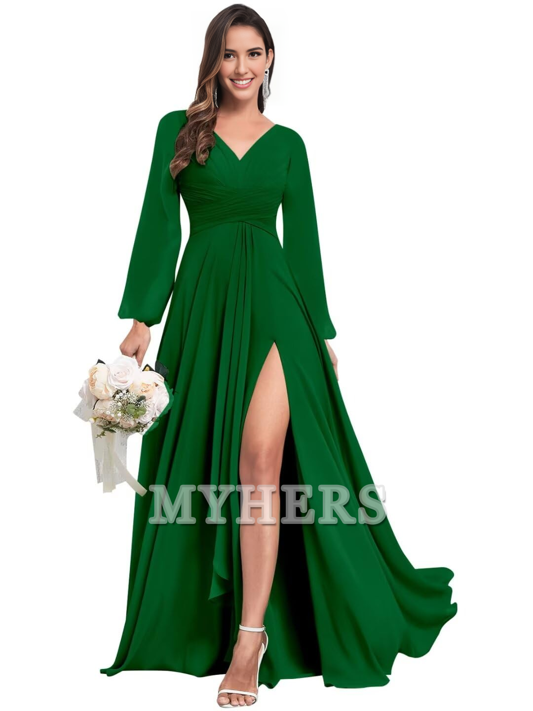 Elegant Chiffon Long Sleeves V Neck Ruffle Side Fork Long Bridesmaid Dresses Wedding Guests Dresses