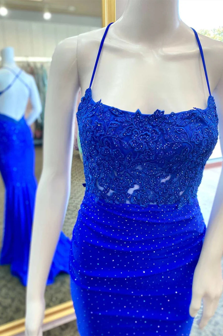 Beaded Applique Cross-Back Mermaid Long Formal Dress