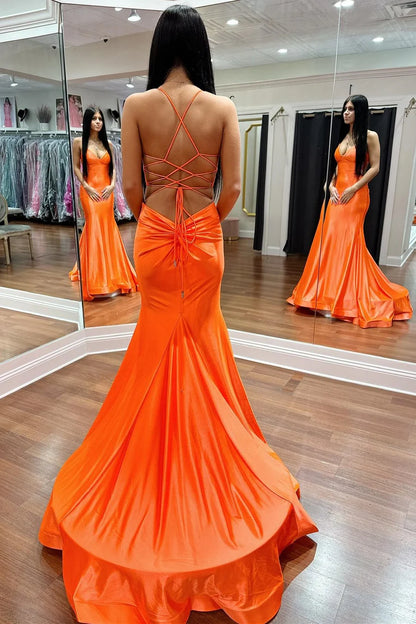 V-Neck Lace-Up Trumpet Long Formal Dress