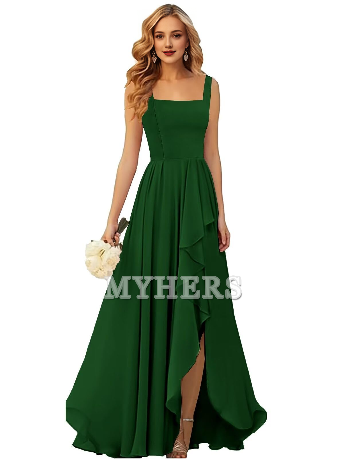 Elegant Simple Ruffle Square Neck Side Fork Long Bridesmaid Dresses Wedding Guests Dresses