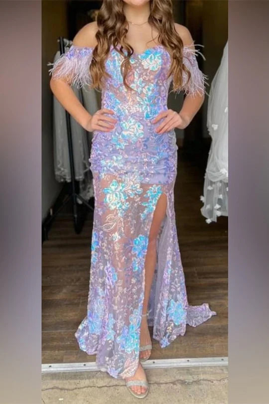 Off-the-Shoulder Sequin Applique Mermaid Long Dress with Slit