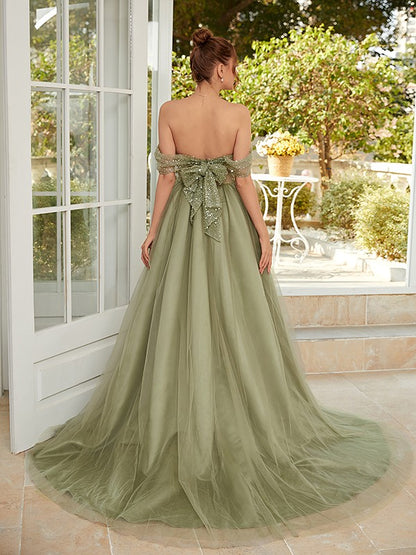 Princess Charming Off the Shoulder  Sweep/Brush Train Dresses Long Prom Dress With Sequins