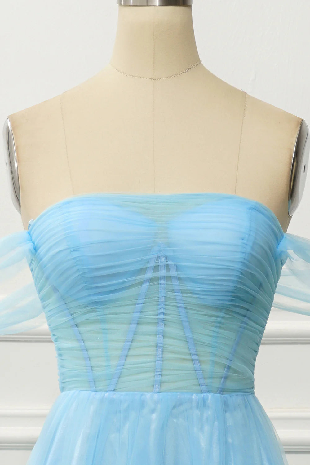 Blue Off the Shoulder A Line Corset Pleats Floor-Length Prom Dress with Slit