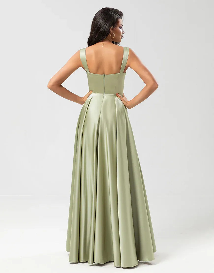 Satin A Line Green Square Neck  Sleeveless Bridesmaid Dress with Pockets