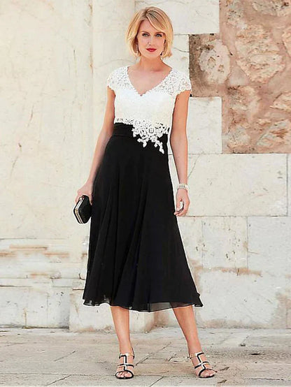 A-Line Mother of the Bride Dress Plus Size V Neck Tea Length Chiffon Lace Short Sleeve with Lace Ruching