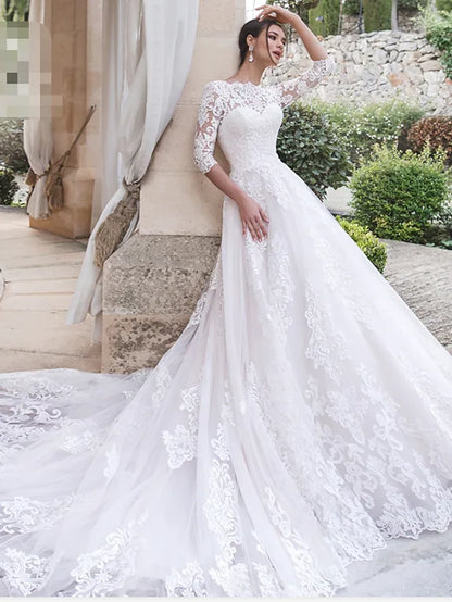 A-Line Wedding Dresses Off Shoulder Court Train Lace Length Sleeve Country Illusion Sleeve