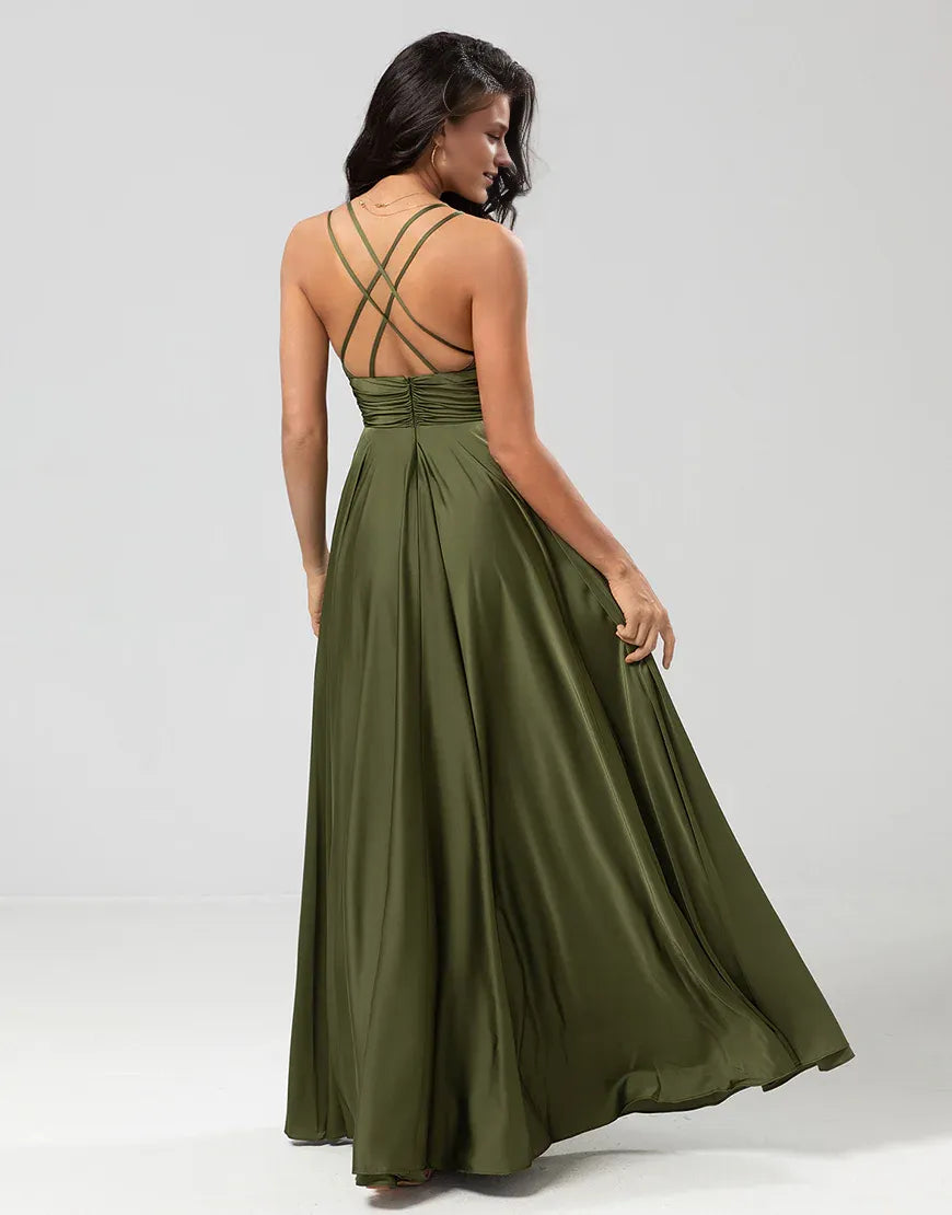 A Line V-Neck Spaghetti Straps Olive Backless Long Bridesmaid Dress with Ruffles