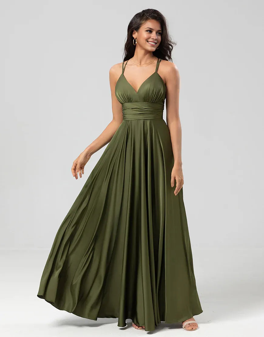 A Line V-Neck Spaghetti Straps Olive Backless Long Bridesmaid Dress with Ruffles