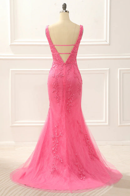 Hot Pink V-Neck Tulle Mermaid Backless Prom Dress with Appliques