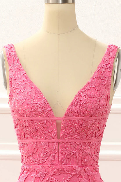 Hot Pink V-Neck Tulle Mermaid Backless Prom Dress with Appliques