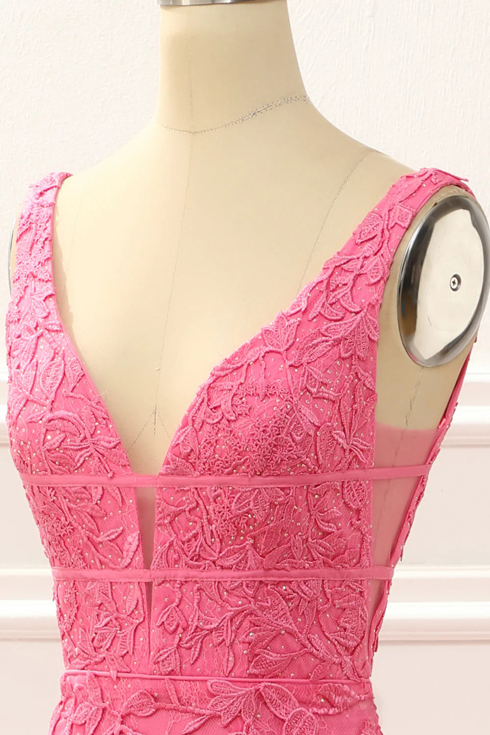 Hot Pink V-Neck Tulle Mermaid Backless Prom Dress with Appliques