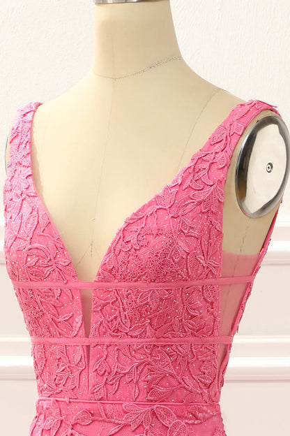 Hot Pink V-Neck Tulle Mermaid Backless Prom Dress with Appliques