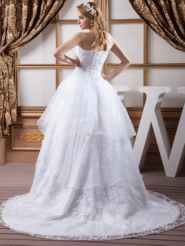 A-Line Wedding Dresses One Shoulder Court Train Lace Organza Satin Spaghetti Strap with Ruched Lace Insert Cascading Ruffles