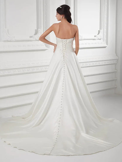 A-Line Wedding Dresses Sweetheart Neckline Court Train Satin Strapless with Buttons Ruched Beading