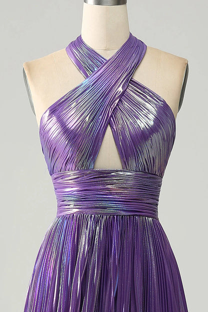 Sparkly Purple Halter A Line Backless Prom Dress with Pleated ﻿