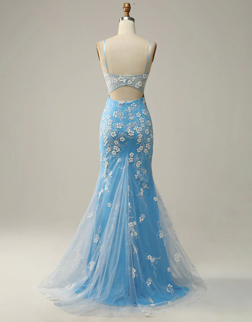 Mermaid Spaghetti Straps Blue Long Prom Dress with Appliques