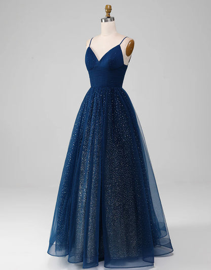 Sparkly Navy A Line Long Prom Dress With Slit