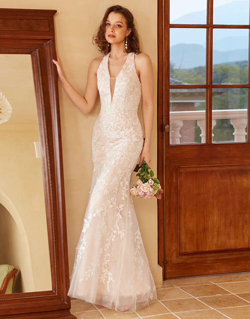 Mermaid Deep V Neck White Lace Wedding Dress with Appliques