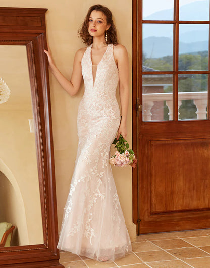 Mermaid Deep V Neck White Lace Wedding Dress with Appliques