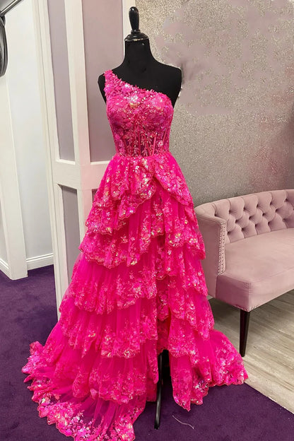 Tulle Sequin One-Shoulder Ruffle Long Prom Dress with Slit