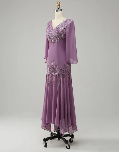 Grey Purple Mermaid Chiffon Mother of the Bride Dress with Lace