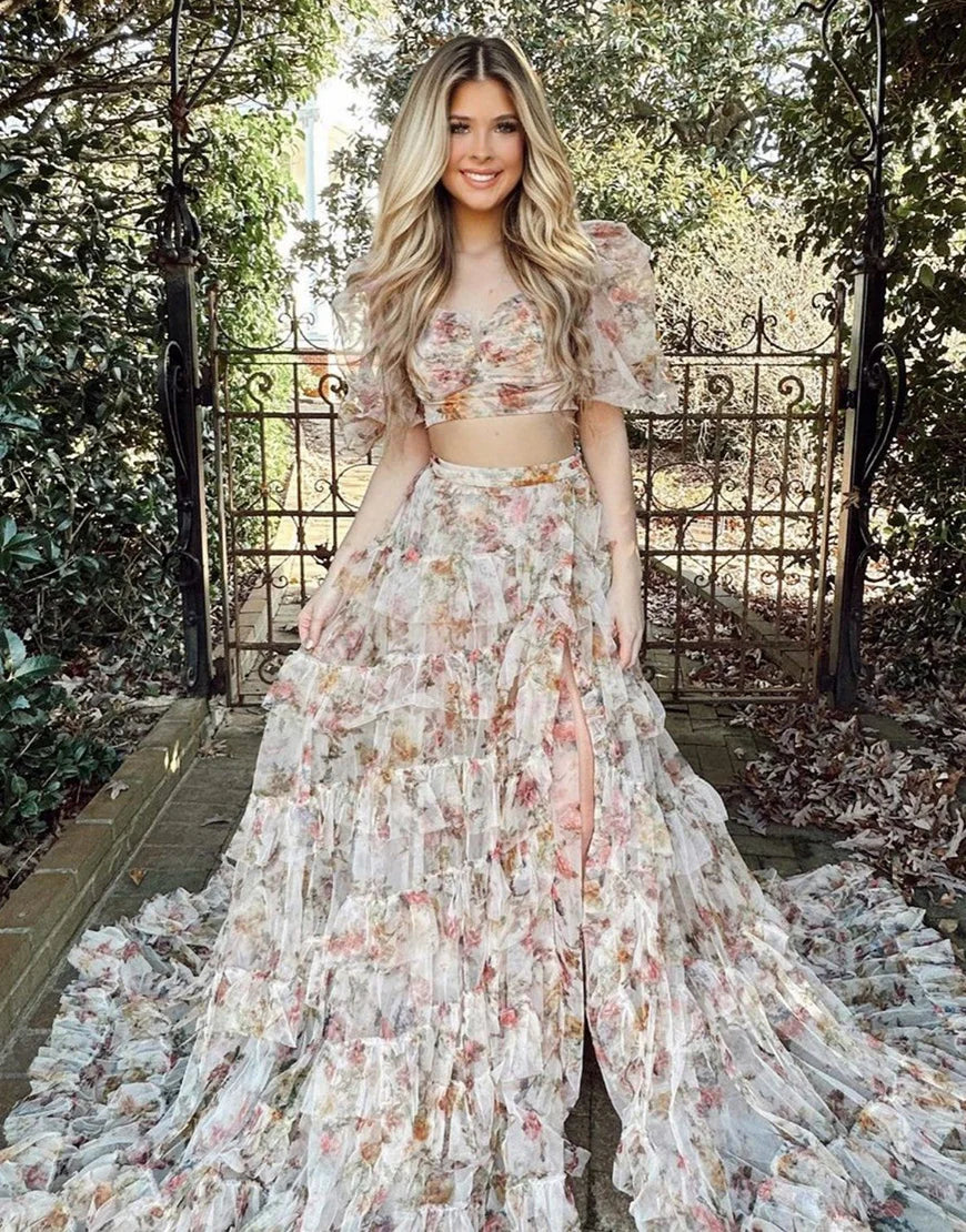 A Line Two Pieces Set Tulle Long Prom Dress