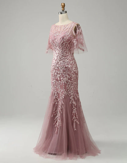 Grey Pink Mermaid Tulle Mother of the Bride Dress with Lace