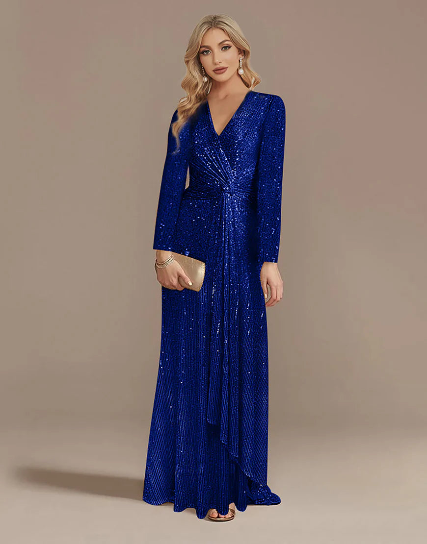Glitter Navy Mother of the Bride Dress with Long Sleeves