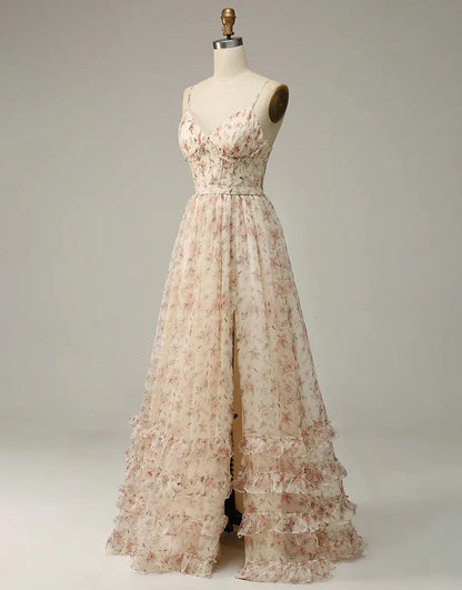 Apricot A Line Print Prom Dress with Slit