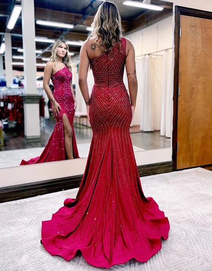 Long One Shoulder Beading Red Prom Dress