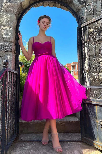 Sweetheart Tea Length Hot Pink Prom Dress Simple Prom Dress