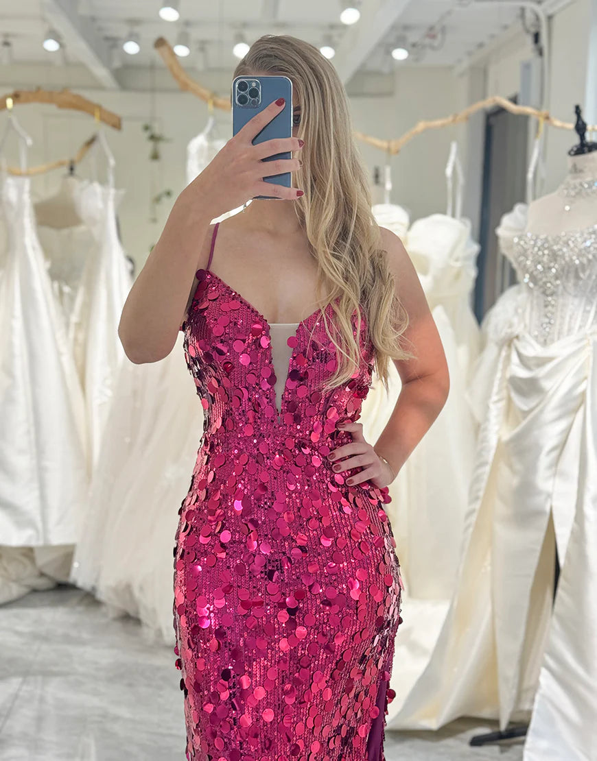 Sparkly Fuchsia Mermaid Corset Long Prom Dress With Slit