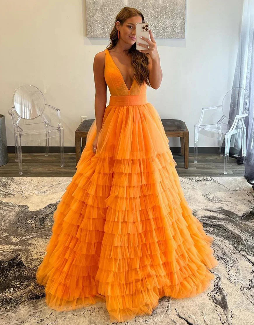 A-line Tulle Long Tiered Prom Dress