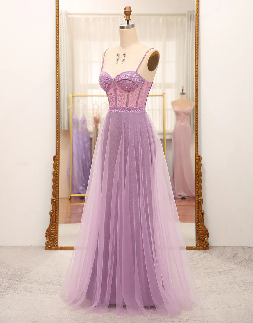 A-Line Lilac Spaghetti Straps Long Corset Prom Dress