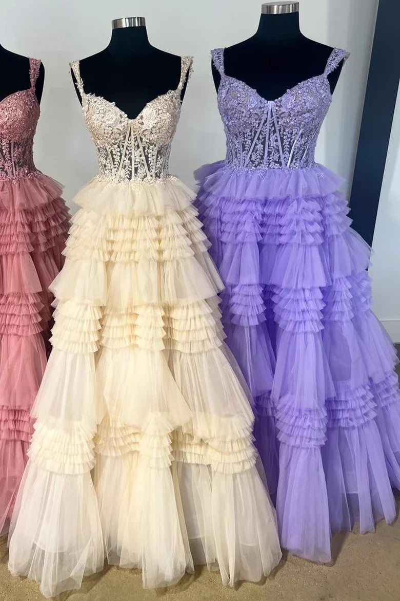 Tulle Off-the-Shoulder Ruffle Tiered Long Prom Dress