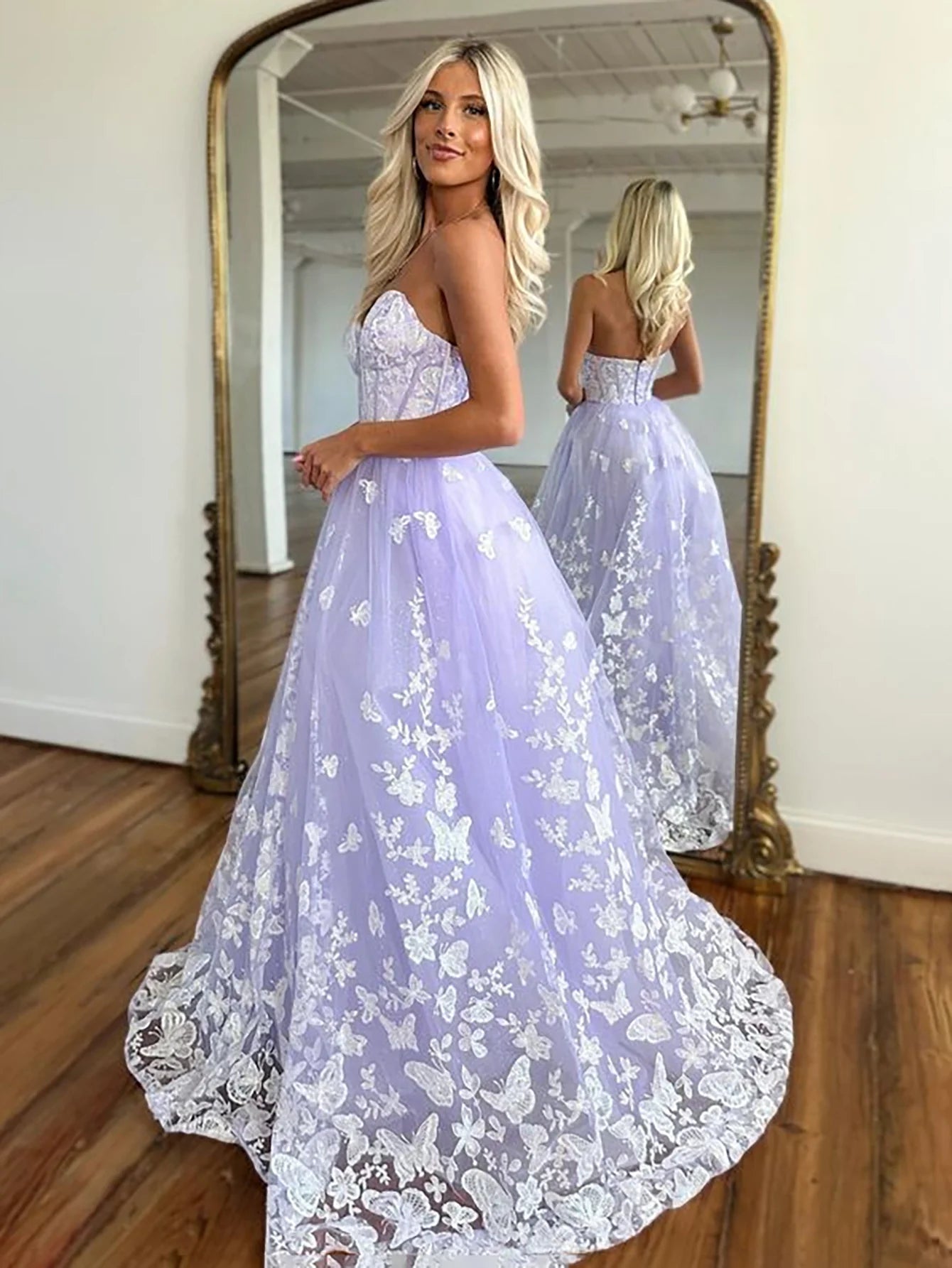 A Line Sweetheart Corset Tulle Long Prom Dress