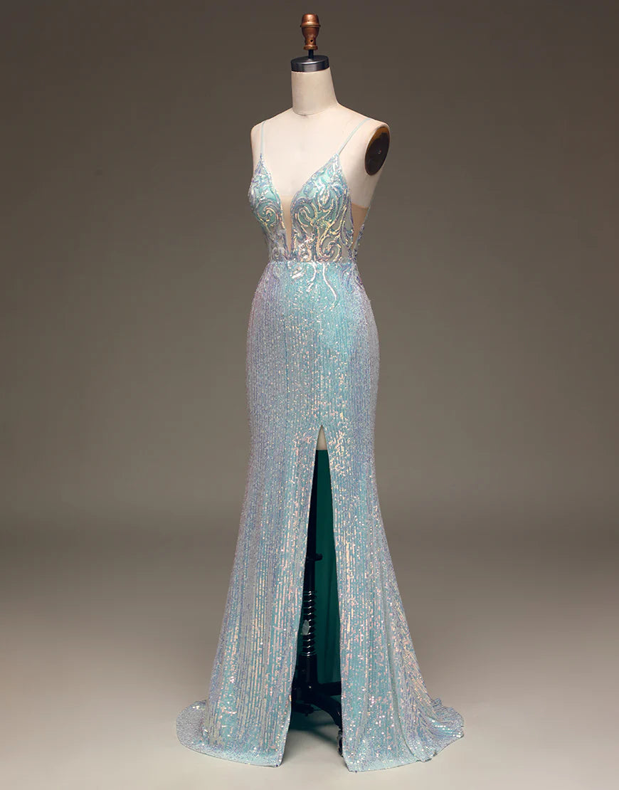 Mermaid Sparkly Sequins Grey Blue Long Prom Dress with Silt