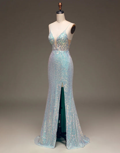 Mermaid Sparkly Sequins Grey Blue Long Prom Dress with Silt