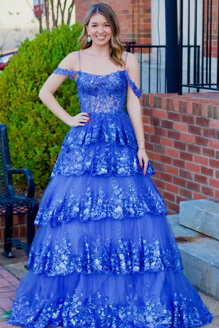 Tulle Sequin Cold-Shoulder Ruffle Tiered Long Prom Dress