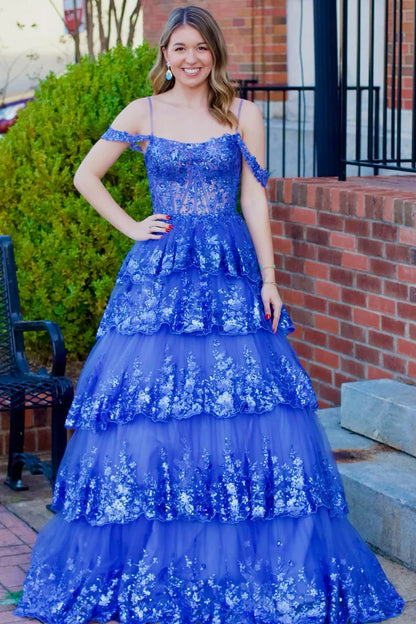 Tulle Sequin Cold-Shoulder Ruffle Tiered Long Prom Dress