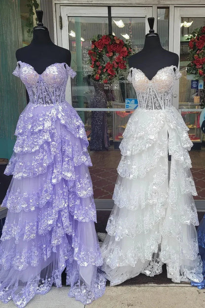 Fairytale Sequin-Embroidery Off-the-Shoulder Tiered Long Prom Dress with Slit