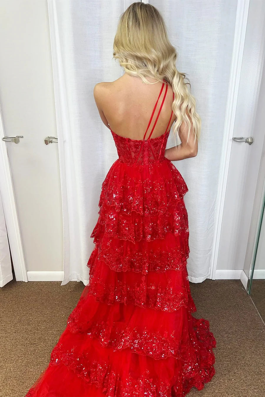 Tulle Sequin One-Shoulder Ruffle Long Prom Dress with Slit
