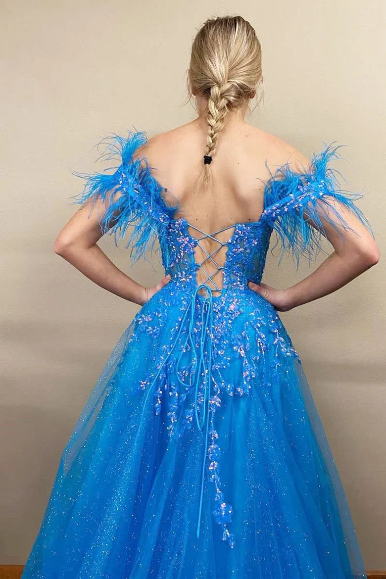Tulle Feather Off-the-Shoulder Lace-Up A-Line Long Prom Dress